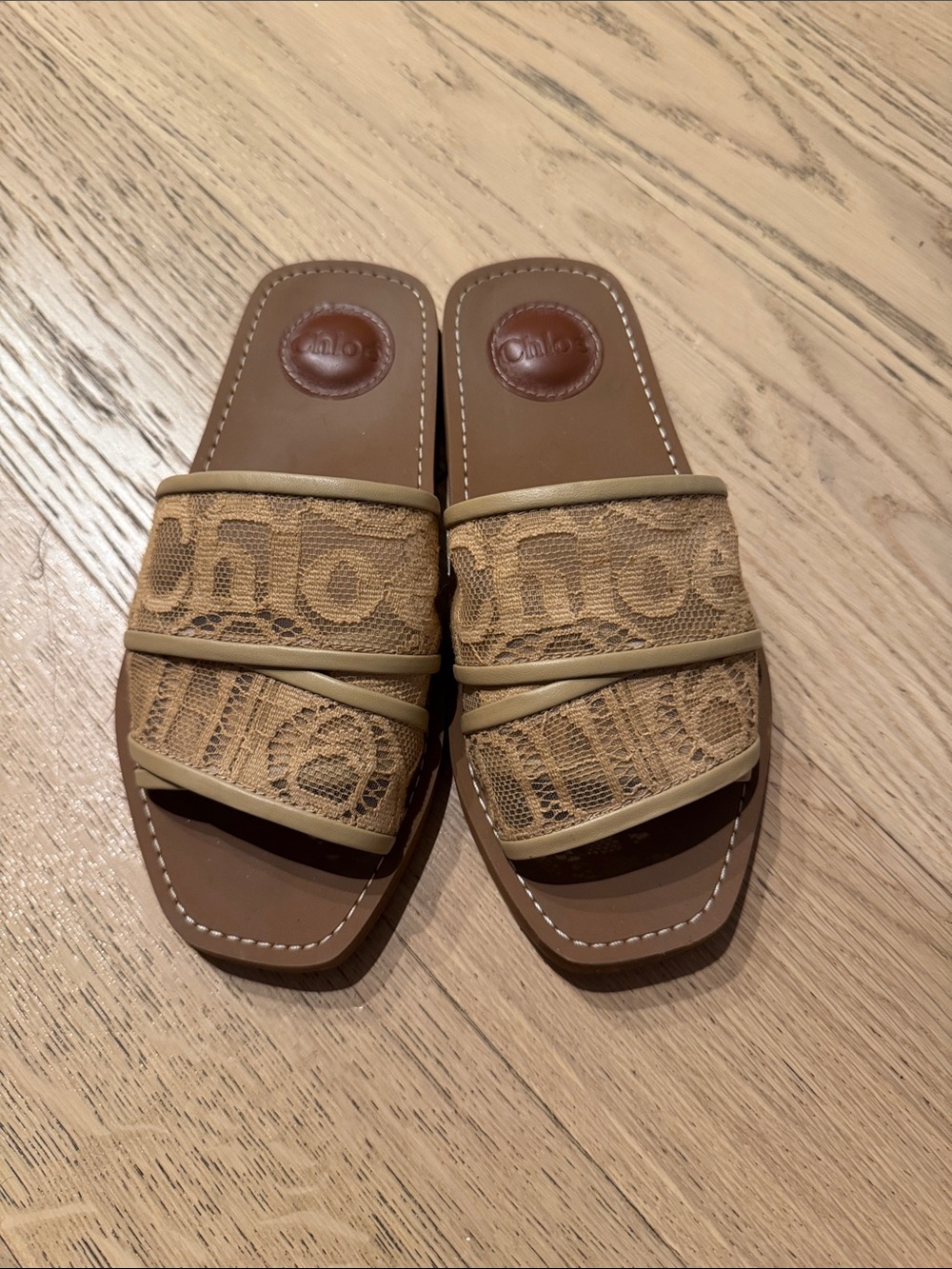 Chloe Lace Logo woody Slide Sandals - Tan -36